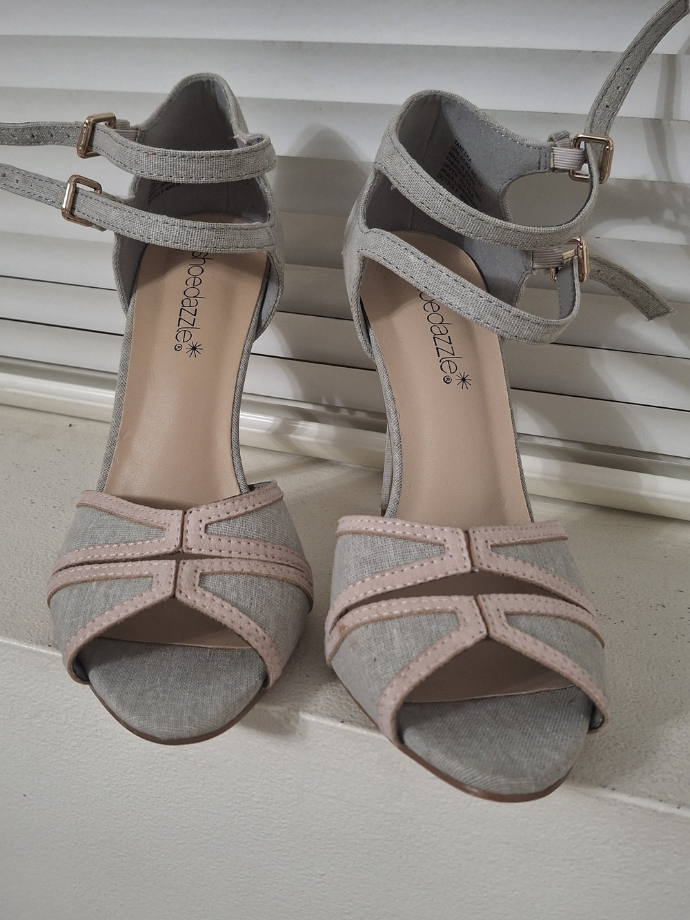 ShoeDazzle "Taneeka" Gray/Pink Double-Strap Heeled Sandals